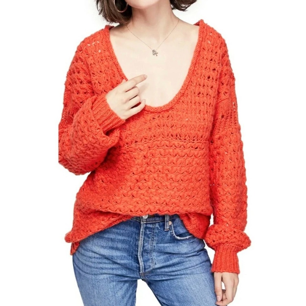 Free People Sweater‎ Orange Knit Size S Oversized Pullover Boho Beach Jumper Top